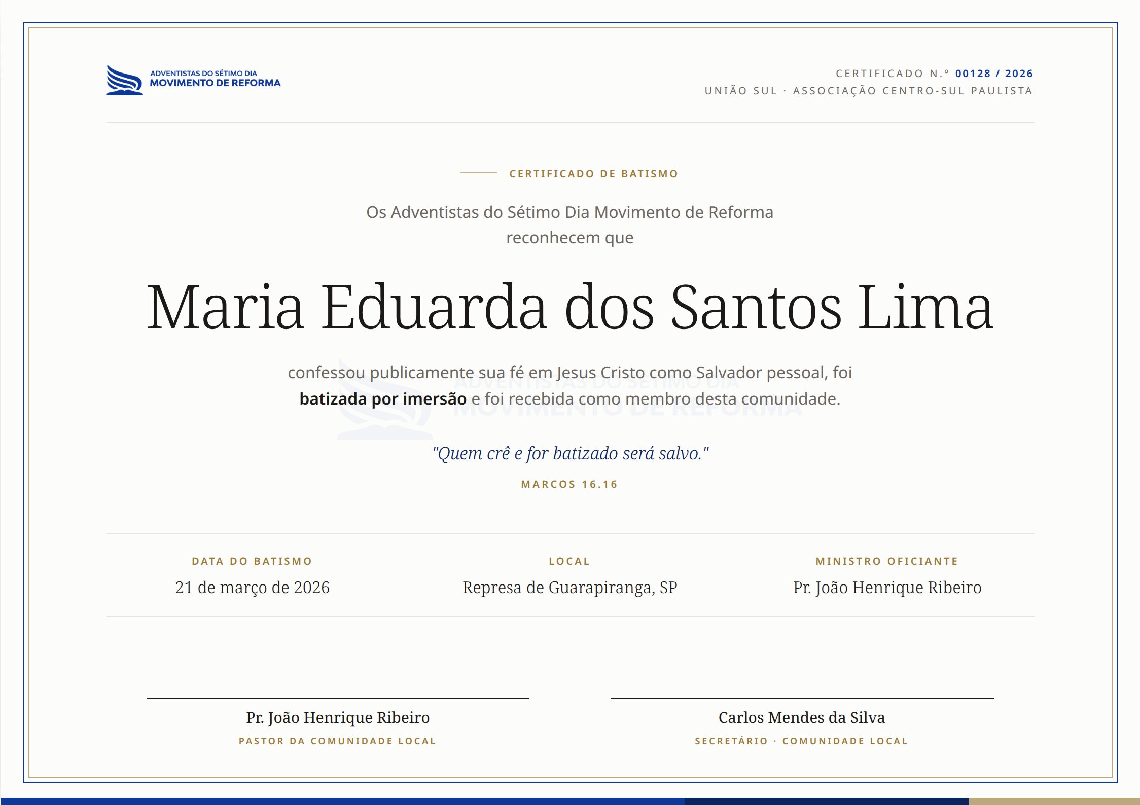 Certificado de Batismo — A4 paisagem, template oficial da ASDMR