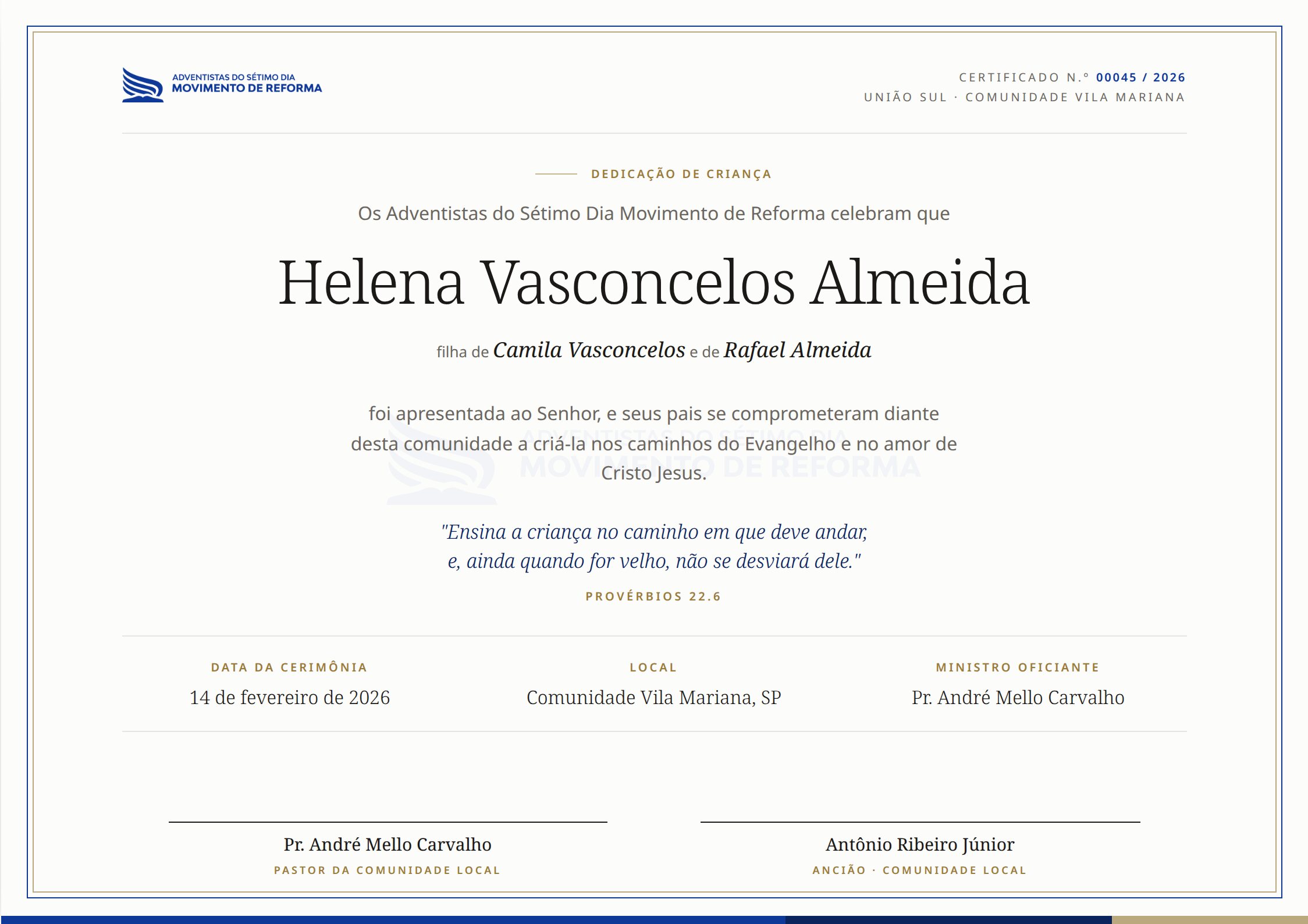 Dedicação de criança — A4 paisagem, template oficial da ASDMR