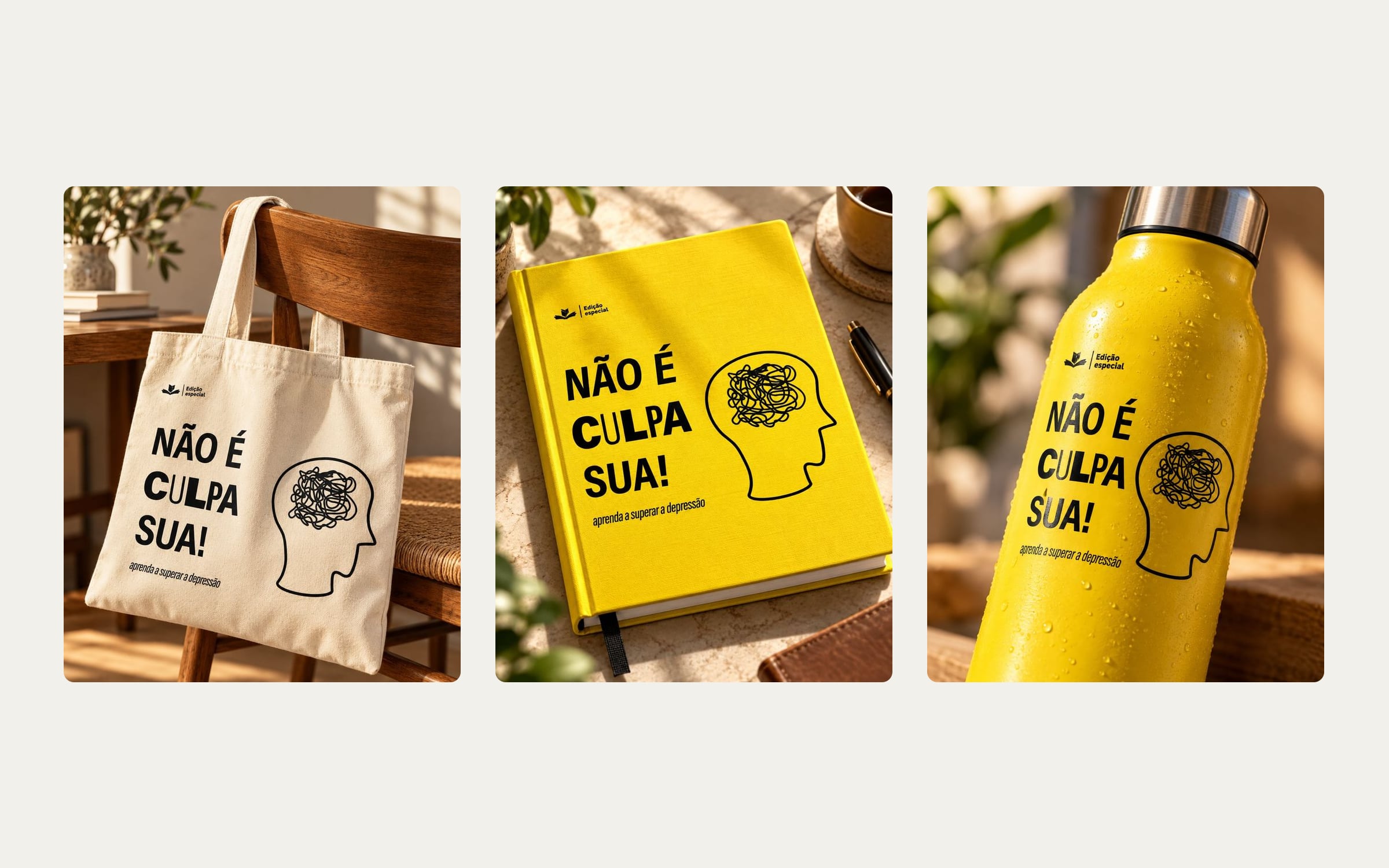 Três mockups da campanha Não é culpa sua: ecobag, caderno e garrafa amarelos