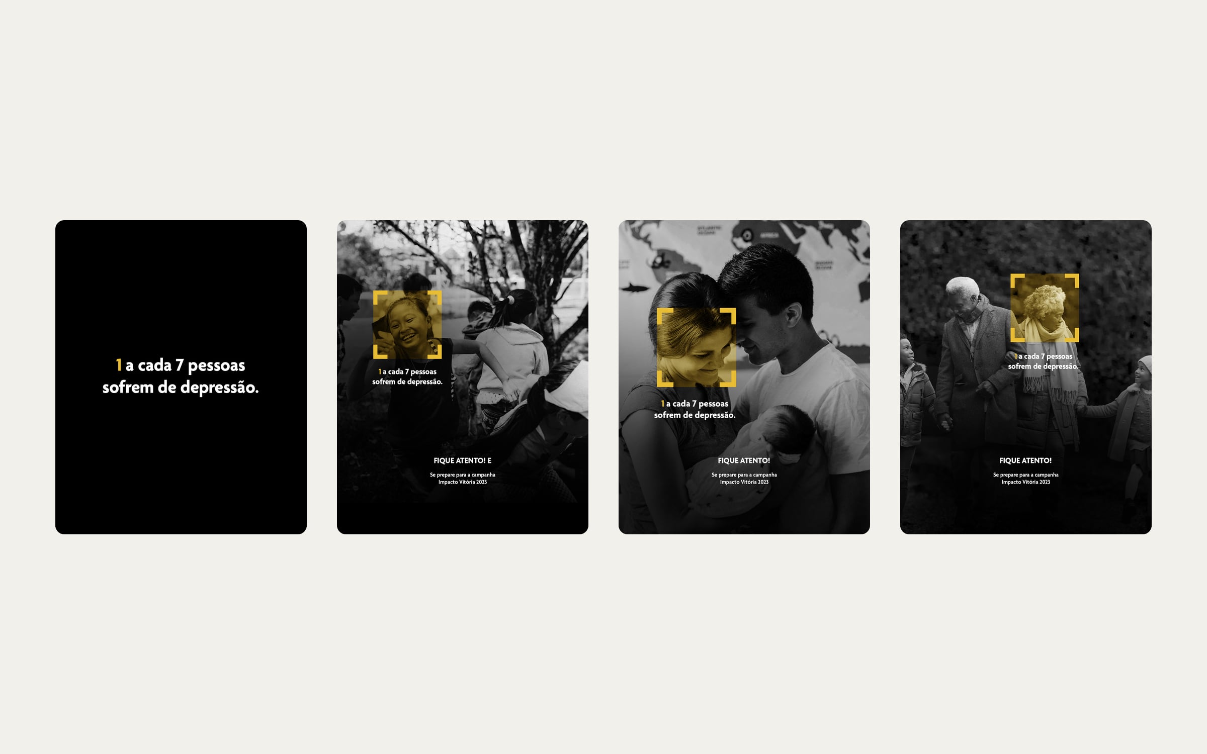 Quatro peças para redes sociais em preto e branco com a frase 1 a cada 7 pessoas sofrem de depressão e um rosto destacado em amarelo