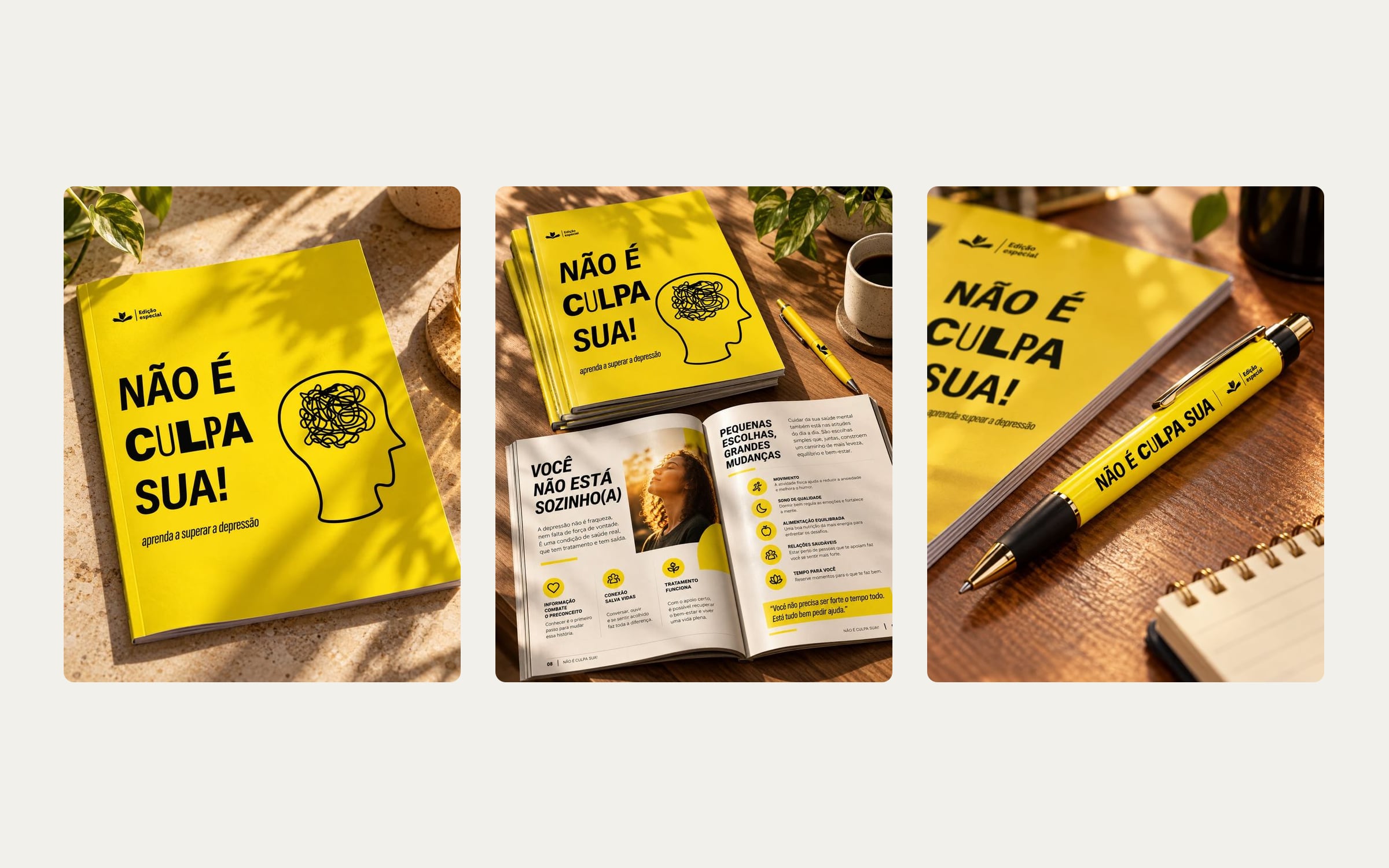 Três mockups da campanha Não é culpa sua: a capa da revista, o miolo aberto e a caneta amarela