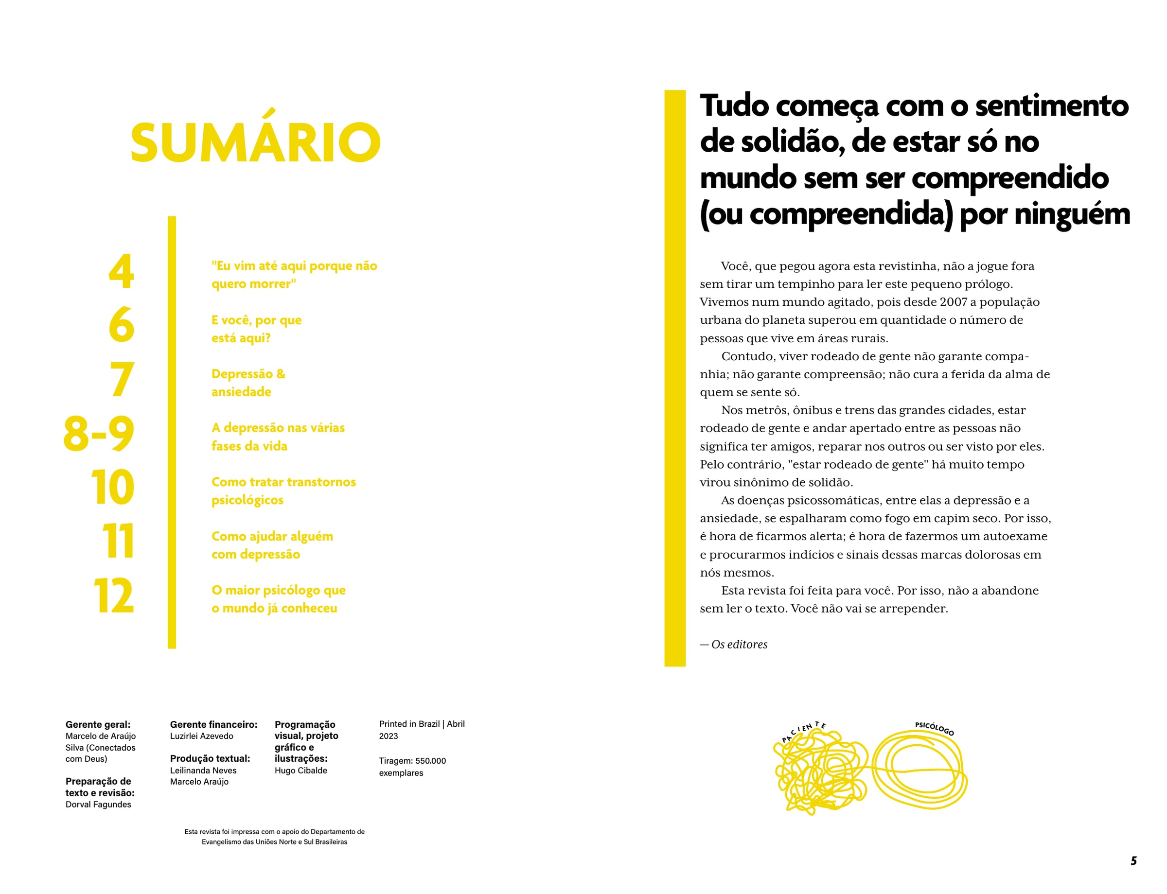 Sumário da revista e a página de abertura, com um fio amarelo na margem