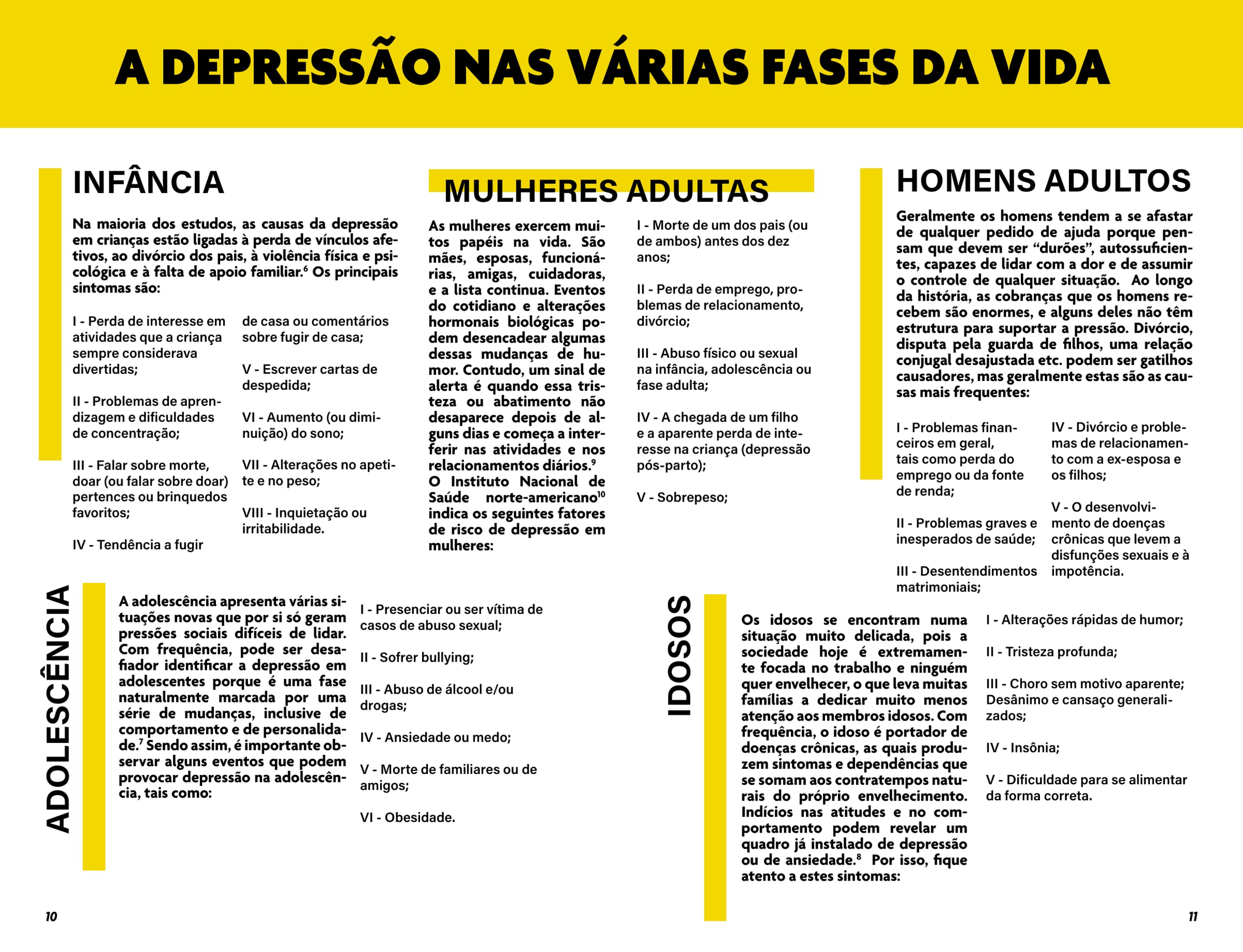 Página dupla A depressão nas várias fases da vida, dividida em infância, adolescência, mulheres adultas, homens adultos e idosos