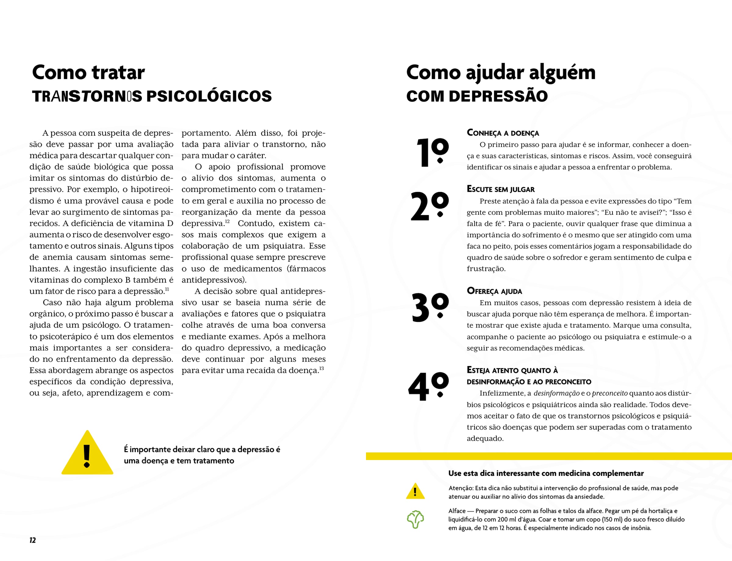 Página dupla Como tratar transtornos psicológicos e Como ajudar alguém com depressão, em quatro passos numerados