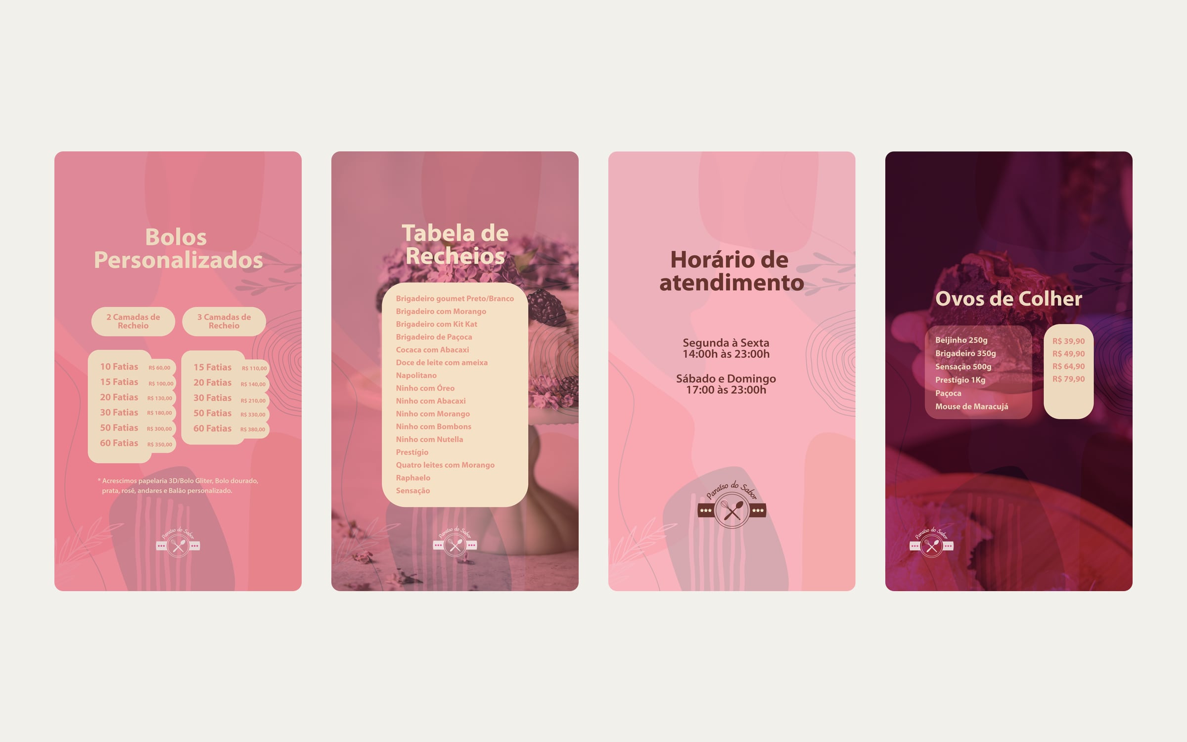 Quatro telas em rosa: bolos personalizados, tabela de recheios, horário de atendimento e ovos de colher