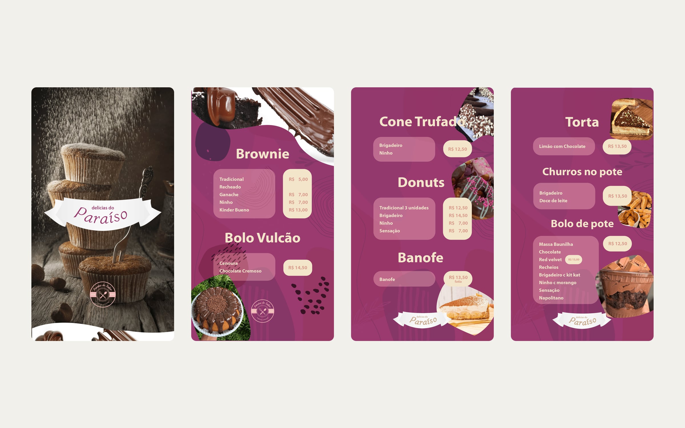 Quatro telas do cardápio em roxo: capa, brownie e bolo vulcão, cone trufado e donuts, torta e bolo de pote