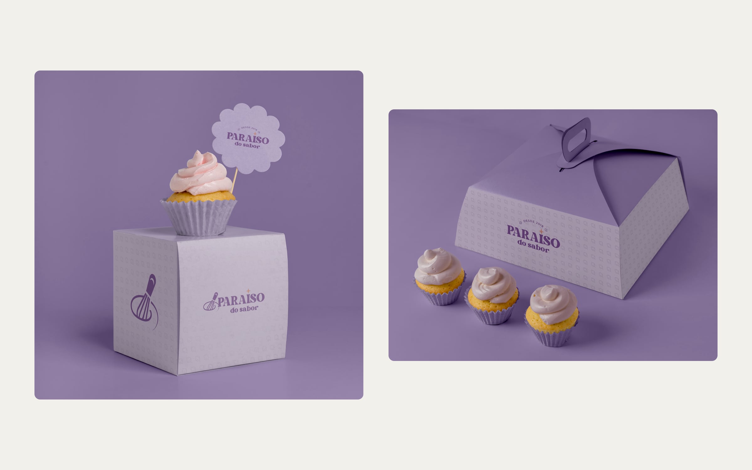 Caixa de cupcake e caixa de bolo lilás com a marca Paraíso do Sabor