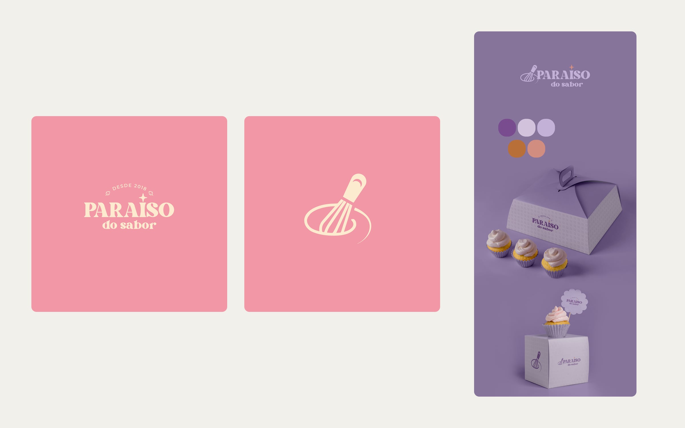 Logotipo Paraíso do Sabor em serifa sobre rosa, o símbolo do batedor e a prancha lilás de apresentação da marca