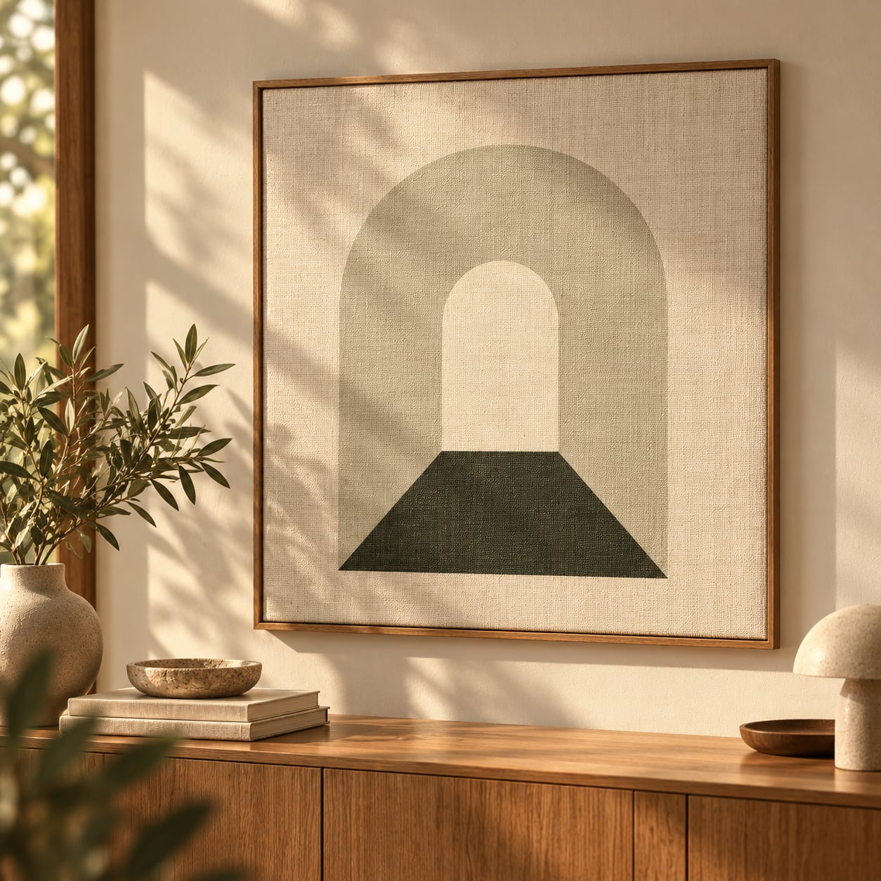 Quadro de linho com o símbolo da porta em grande escala, pendurado sobre um aparador de madeira.