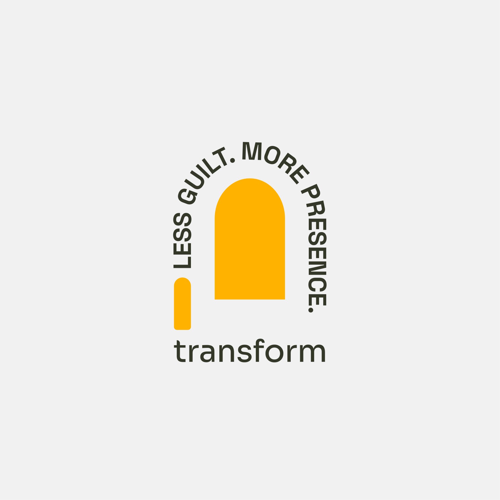 Selo Less guilt. More presence. com o símbolo e o wordmark